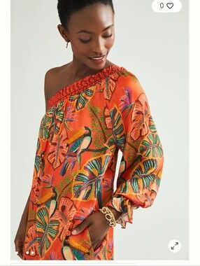 FARM Rio Orange One-Shoulder Tropical Tunic with Bird & Leaf Print